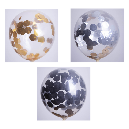 Globos Payaso / Unique 12" Transparent Confettis Or & Argent & Noir (6 par sachet) Ballons